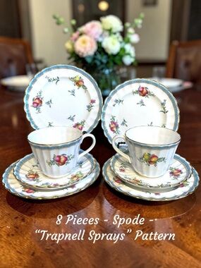 Spode China Trapnell Sprays 2 Flat Cups & Saucers 4 Side Dishes Made in England